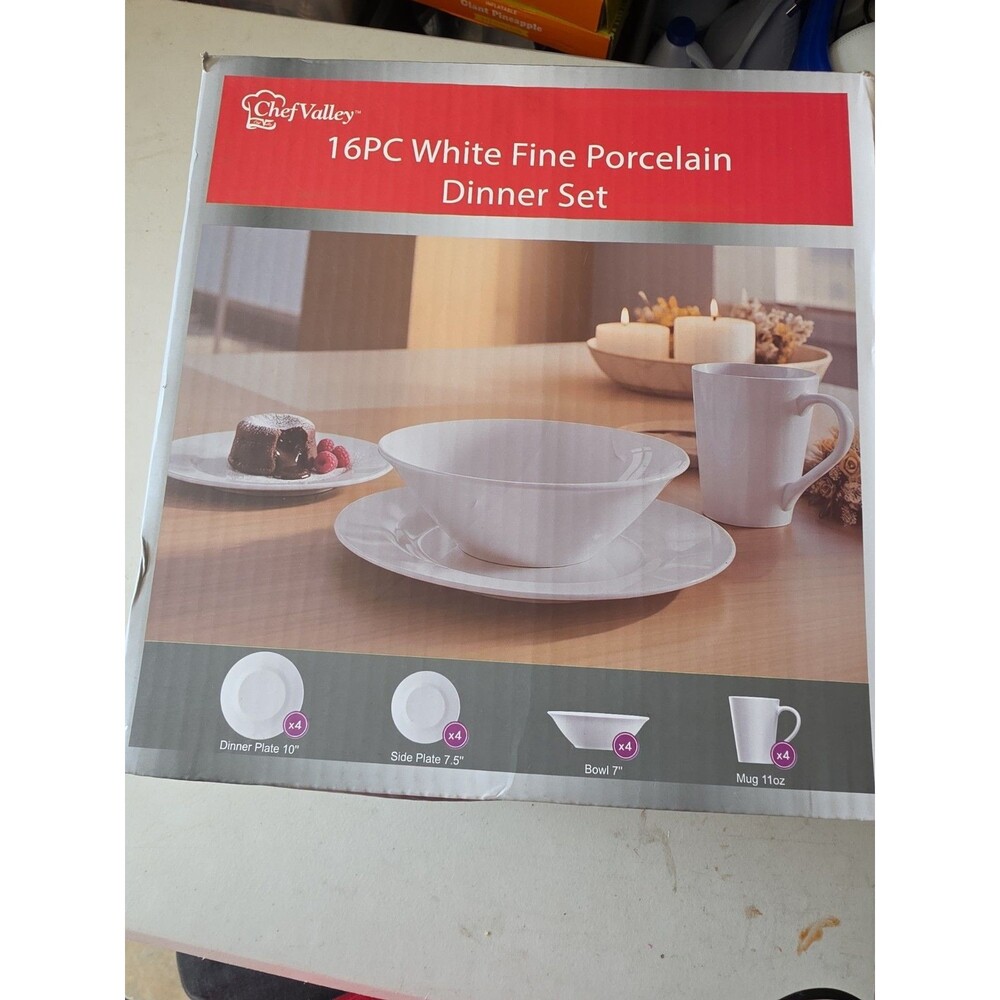 Chef Valley Time 16 _Piece Porcelain Dinnerware Set Platinum Banded - New